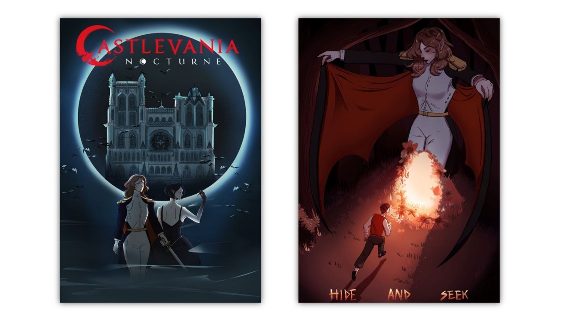 Two artworks. One depicting  two people in front of a castle with bats and the words Castlevania Nocturne. The other shows a woman with a batwing cape and a man running into sunlight
