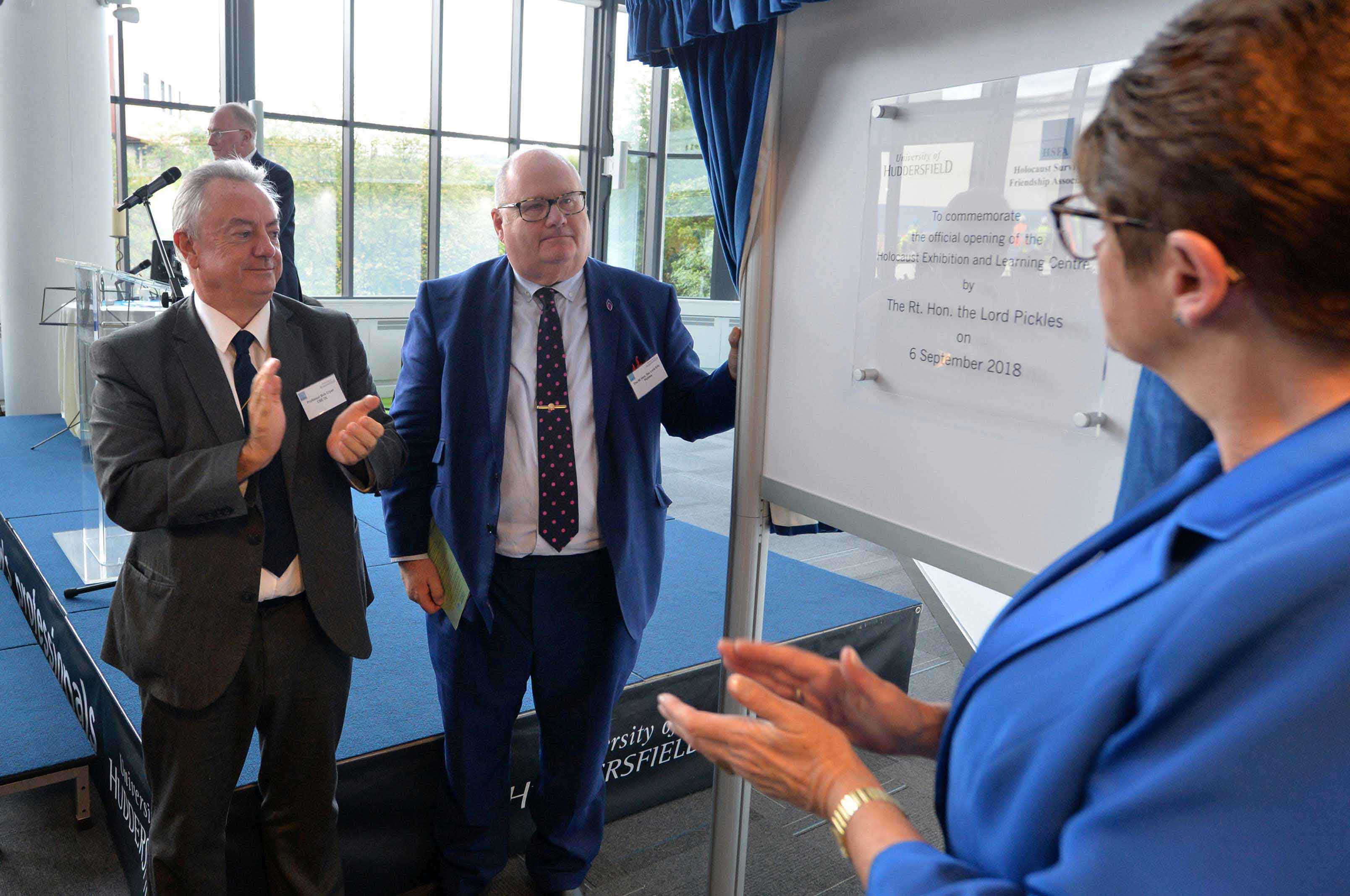 Unveiling the plaque, the University's Vice Chancellor, Professor Bob Cryan, and Lord Pickles
