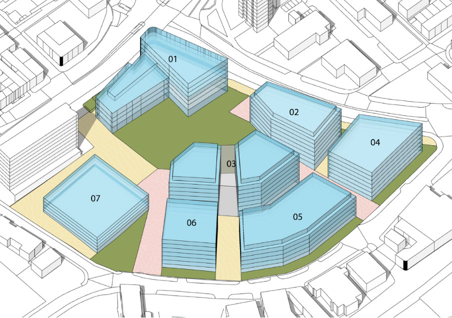 An illustration showing the national health innovation campus site plan including the 7 buildings planned for the build